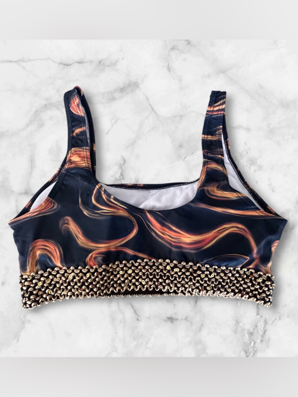 NWOT 2Pc Swimsuit Bikini Navy Orange Swirl Textured Gold Sequin Trim Size M - Picture 4 of 12